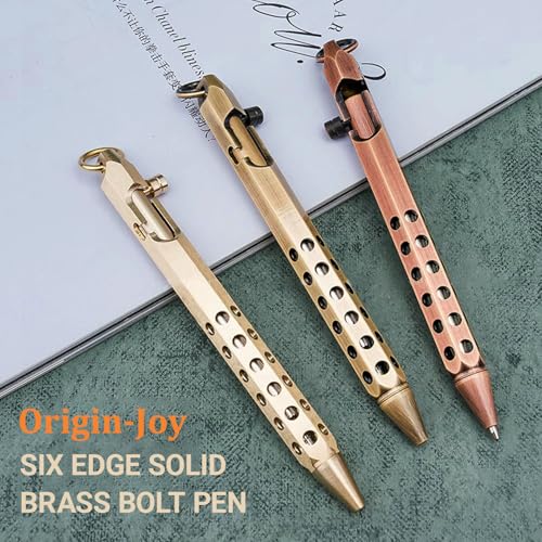 Image of Origin-Joy 2 Pack Bolt Action Pen Set, Six Edge Solid Brass EDC Pocket Tactical Pen With 20 Ballpoint Refills (Retro Black & Nickel Gray)