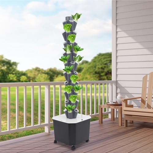 Eapmic Hydroponics Tower Garden 10-Tier 50-Hole Vertical Planter Grey Indoor/Outdoor Garden Kit Auto Watering 45L Water 