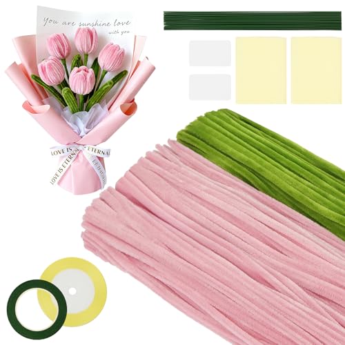 AYESY Limpiador de Pipas Chenilla, 300 Piezas DIY Flores Manualidades y Decoración,con Tallos de Flores, Estambres, Cintas y Listones, 30cm Tulipán Ramo para Madre Día del Padre Regalo Rosa