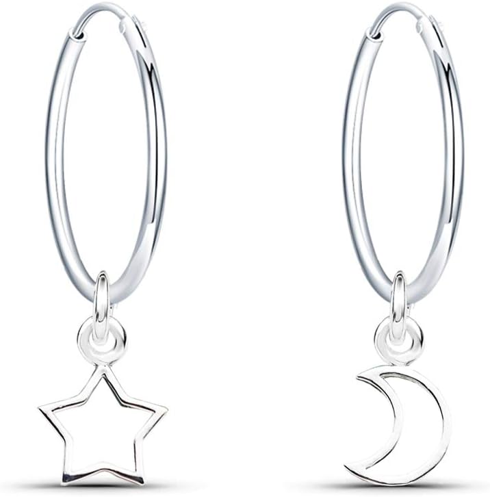 925 Sterling Silver Earrings Dangle Drop Moon and Star Hoop Earrings Diameter 16mm Sleeper Hoops Earrings for Women Girls