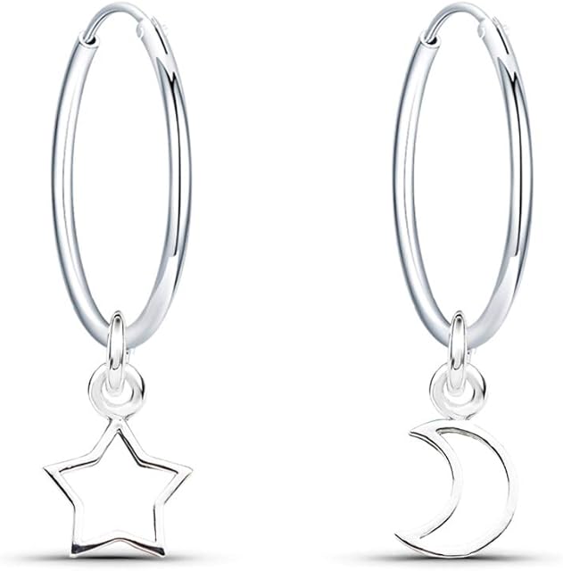 Epoch World 925 Sterling Silver Earrings Dangle Drop Moon and Star Hoop Earrings Diameter 16mm Sleeper Hoops Earrings for Women Girls