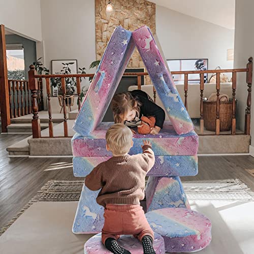 Memorecool Kids Couch Sofa Modular Toddler Couch For Bedroom Playroom, 8-Piece Fold Out Couch Play Set, Creative Baby Couch Children Convertible Sofa Kids Foam Couch, Glow In The Dark Unicorn #TOP1