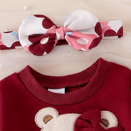 Image of Baby Girl Clothes Fall Winter Long Sleeve Bear Cartoon Sweatshirt Flare Pants Bow Headband Set 6 Months-4 Years Old