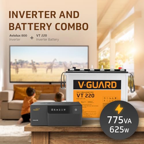 Image of V-Guard Inverter & Battery Combo (Aviolux 800 Inverter, VT 220 (205 Ah Tall Tubular Battery)) for Home, Office & Shops