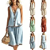 Linen Two Piece Sets for Women Summer 2026 V Neck Button Up Vest Tops Capris Pants Casual Loose Fit...