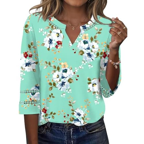 Ivicoer 3/4 Length Sleeve Womens Tops V Neck Lace Embroidered Summer Blouses Loose Fit Tunic Dressy Casual