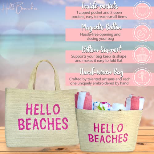 Hello Beaches: A packable straw beach tote bag that packs flat. Beach bags for women are essentials. Use as a large travel tote bag or a pool bag. Beach tote for vacation. - Image 3