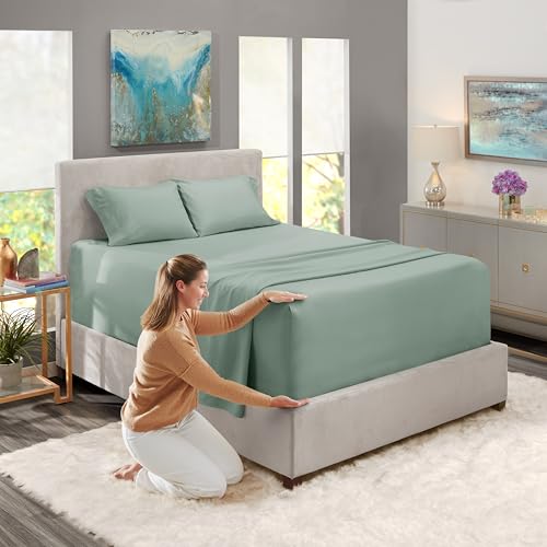 Image of Nestl Twin Size Sheet Set, 4 Piece Extra Deep Pocket (18-24 inches), Microfiber, Hotel Luxury, Soft, Breathable, Wrinkle-Free, Easy to Care, Sage Green New