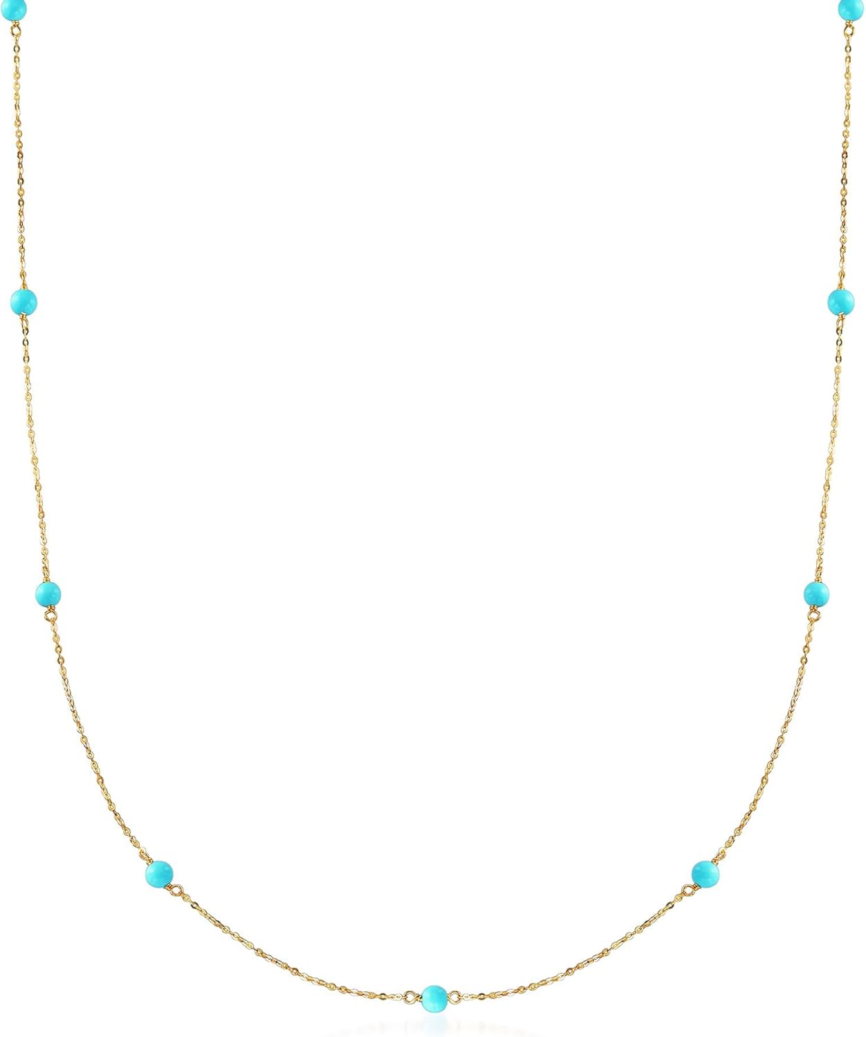 Ross-Simons Italian 4mm Turquoise Bead Station Necklace in 14kt Yellow Gold