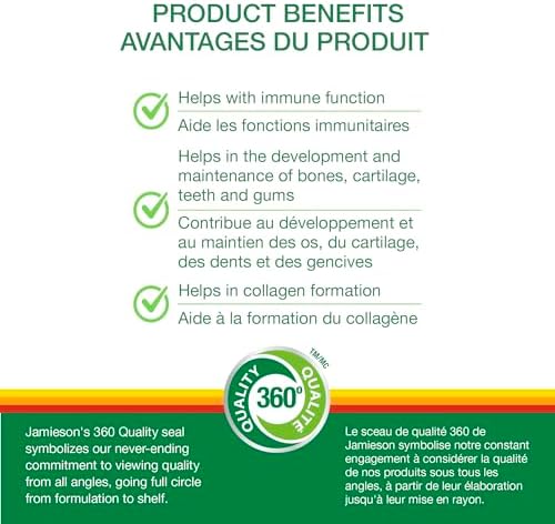 Jamieson Chewable Vitamin C 500 mg Juicy White Peach Flavour, Supports Immune Health, Strong Teeth and Bones. Family Friendly (4+), Vegetarian, Non-GMO, Gluten-Free, No Artificial Flavours, Colours, or Preservatives, 120 Count, Proudly Canadian — view 2
