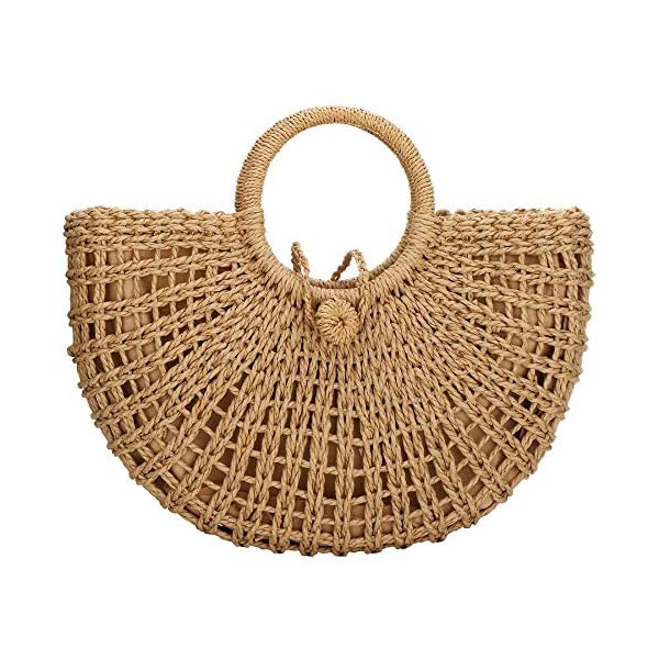 Straw-Bags-for-WomenHand-woven-Straw-Top-handle-Bag-with-Round-Ring-Handle-Summer-Beach-Rattan-Tote-Handbag YYW Straw Bags for Women,Hand-woven Straw Top-handle Bag with Round Ring Handle Summer Beach Rattan Tote Handbag (Khaki) One Size