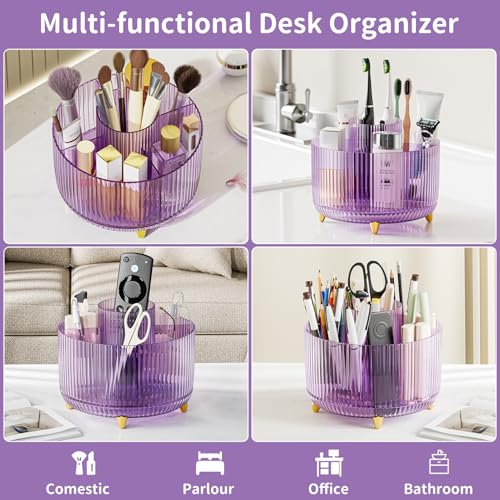 Image of Clear Rotating Makeup Organizer Countertop for Vanity, 360 Makeup Brush Holder Organizer with 5 Compartments, Transparent Cosmetic Storage for Lipstick, Skincare, Bathroom Counter(Transparent Purple)