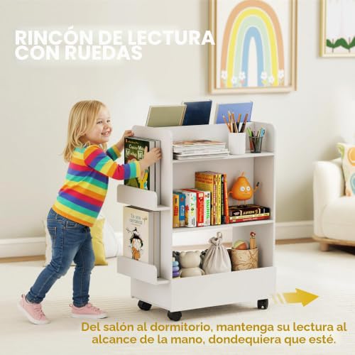 Miniatura 4 de Aiyaplay Librería Infantil Con Ruedas, Librería Infantil Con Pizarra, Mueble De Almacenaje, Estantería Para Dormitorio Infantil De 3 A 8 Años Para Cuarto De Juegos, Dormitorio Infantil, Blanco