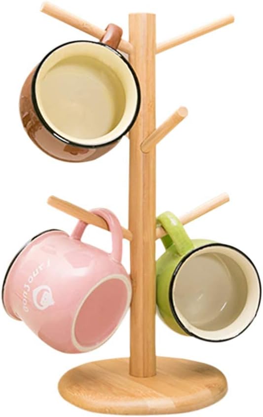 Bamboo Mug Rack Tree Coffee Tea Cup Organizer Hanger Holder with 6 Hooks Removable Bamboo Mug Stand