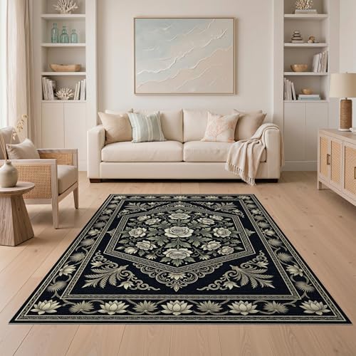 ODIKA 5'x7' Washable Oriental Area Rug, Black Non-Shedding Pet Friendly Carpet for Small Living Room, Playroom, Bedroom, Easy Care Kids Safe Mat | Ref:1654515