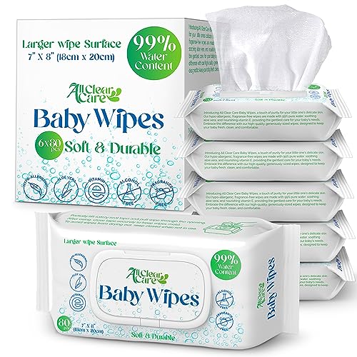 Baby Wipes, Unscented Wet Wipes for Sensitive Skin, 99% Water, Large Wipe Surface, Good for Babies & Adults, Hypoallergenic and Gentle, Vitamin E and Aloe, Flip Top Lid, 6 Pack Box