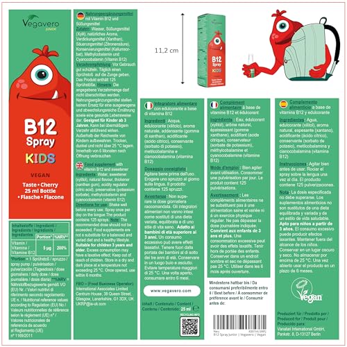 Vitamin B12 Spray für Kinder Vegavero | Vegan & Zuckerfrei | 5 µg B 12 in zwei Formen | Methylcobalamin | Leckerer Kirschgeschmack | Immunsystem & Energie*