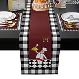 Table Runner Sets with 6 Placemats Chef Kitchen Gourmet Knife Fork Non-Slip Table Runner Place Mats Black White Plaid Table Mats Runner Set for Dining Table Party Wedding 13 x 70 inches long