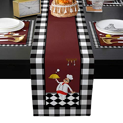 Table Runner Sets with 6 Placemats Chef Kitchen Gourmet Knife Fork Non-Slip Table Runner Place Mats Black White Plaid Table Mats Runner Set for Dining Table Party Wedding 13 x 70 inches long