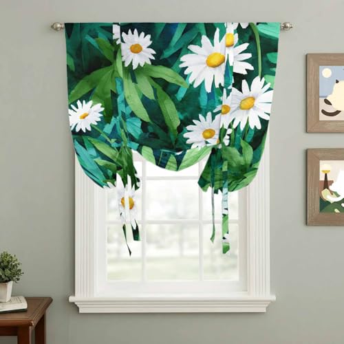 White Spring Daisy Tie Up Curtains for Window, Green Leaves