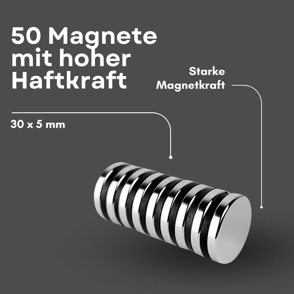 Strong Magnets Neodym Magnet - Rund 30 x 5 mm - 50 Stück - Extra stark, hält bis 11kg - Für Magnettafel, Kühlschrank, Whiteboard, Pinnwand, Büro