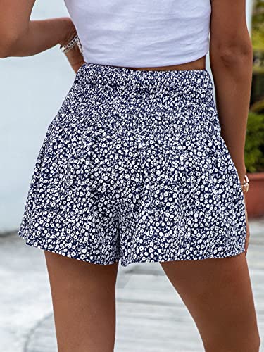 Gorglitter Women's Ditsy Floral Shirred Shorts High Waist Wide Leg Summer Shorts Blue Medium #TOP1
