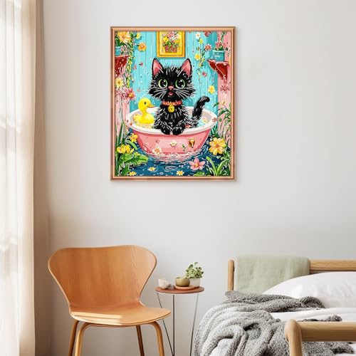 SANYUN Black Cat Paint by Numbers Kit for Adults Beginner,Cute Bathing Cat Paint by Number Canvas,16x20 Inch Canvas Number Painting for Home Wall Decoration and Gift — view 3