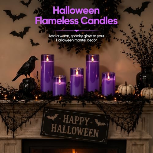 Homemory Gray Flickering Flameless Candles, Battery Operated Acrylic LED Pillar Candles with Remote Control and Timer, Halloween Decor, Set of 5