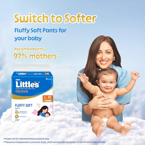 Image of Little's Premium Baby Diapers L Size (Large) Pants Style | 9-14 kg | 62 Count | Super Jumbo FluffySoft Baby Diaper with Leakage Guard, Wetness Indicator & 12 Hours Absorption (Pack of 5)