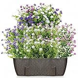 QWORK® 8 Bouquets Fleurs artificielles, Fausses Fleurs, Fausses Plantes d'arbustes Verts, Violet, Blanc, Fuchsia pour Les décorations intérieures extérieures