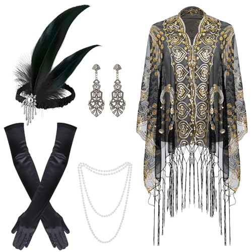 ZhouBoat 5Pcs 1920s Accessories for Women, Costume Accessories Set, Peacock Shawl Feather Headpiece Necklace Earrings Long Gloves for Cosplay Costume by ZhouBoat - Used condition - US$8.49