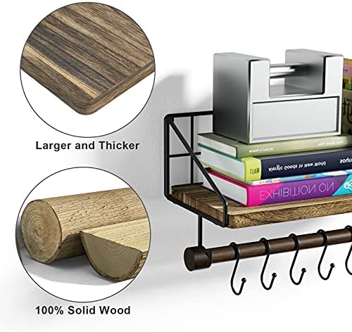 Alsonerbay Floating Shelves Wall Mounted Solid Wood Wall Shelf Decorative Storage Shelf with 8 Removable Hooks, Towel Bar and Foldable Metal Grid Bracket for Bathroom, Kitchen Decor Carbonized Black
