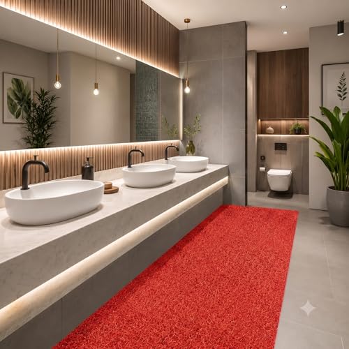 Image of TIB Cushion Noodle Mat for Home Entrance | Heavy Duty Anti-Slip Washable PVC Floor Mat for Bathroom, Kitchen, Bedroom & Office | Water Absorbent Indoor Outdoor Door Mat,Red,2x10 Feet
