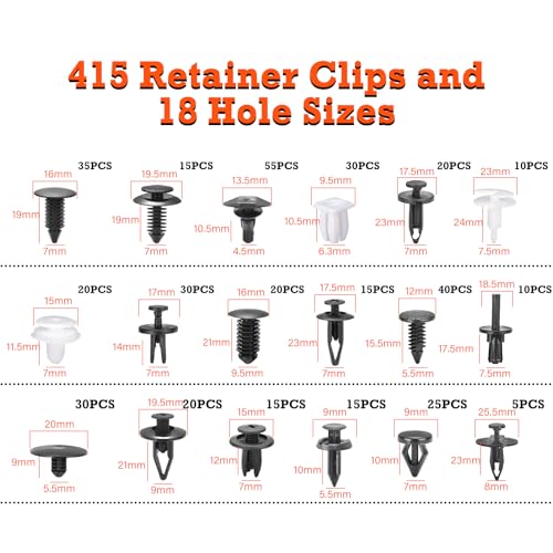 Image of Car Retainer Clips & Fasteners Kit - 18 Universal Sizes Nylon Bumper, Fender Rivets, Door Panel Clips, and Plastic Rivets with Removal Tool for Toyota, Ford (415pcs)