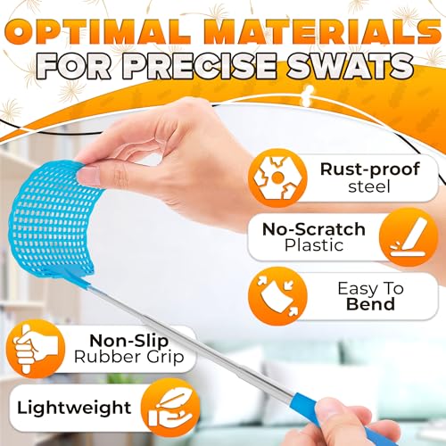 3-Pack Telescopic Fly Swatter Set – Durable and Lightweight Extendable Fly Swatter for Indoors and Outdoors, 3.1 x 3.9 Flexible Head, Non-Slip Ergonomic Rubber Handle, Compact Design for Easy Storage