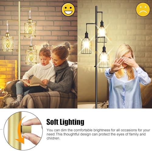 ROTTOGOON 68" Gold Floor Lamp, Dimmable Industrial Floor Lamps for Living Room, 3 Light Rustic Standing Tall Lamp Including 3 PCS 6W E26 Bulbs, Farmhouse Tree Floor Lamp for Bedrooms, Office, Bar by ROTTOGOON - Image 7