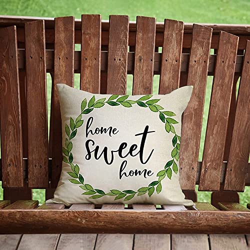 Ussap Home Sweet Home Decorative Throw Pillow Cover, Olive Green Wreath Farmhouse Cushion Cover Home Rustic Decoration, Seasonal Quote Pillowcase For Front Porch Sofa Couch Decor Cotton Linen 20X20 #TOP5