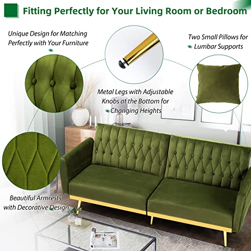 Acmease 70” Velvet Futon Sofa Bed W/Adjustable Armrests & 2 Pillows, Convertible Futon Couch, Modern Sleeper Bed For Living Room, Bedroom, Olive Green #TOP3
