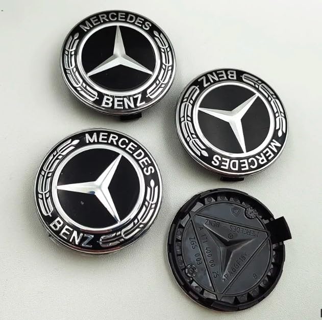 CD75mm Wheel Center Caps Set of 4 – Black & Chrome Hub Caps with Silver Star Logo – Compatible with Benz Models – Premium ABS Emblem Badge Covers (BLACK)