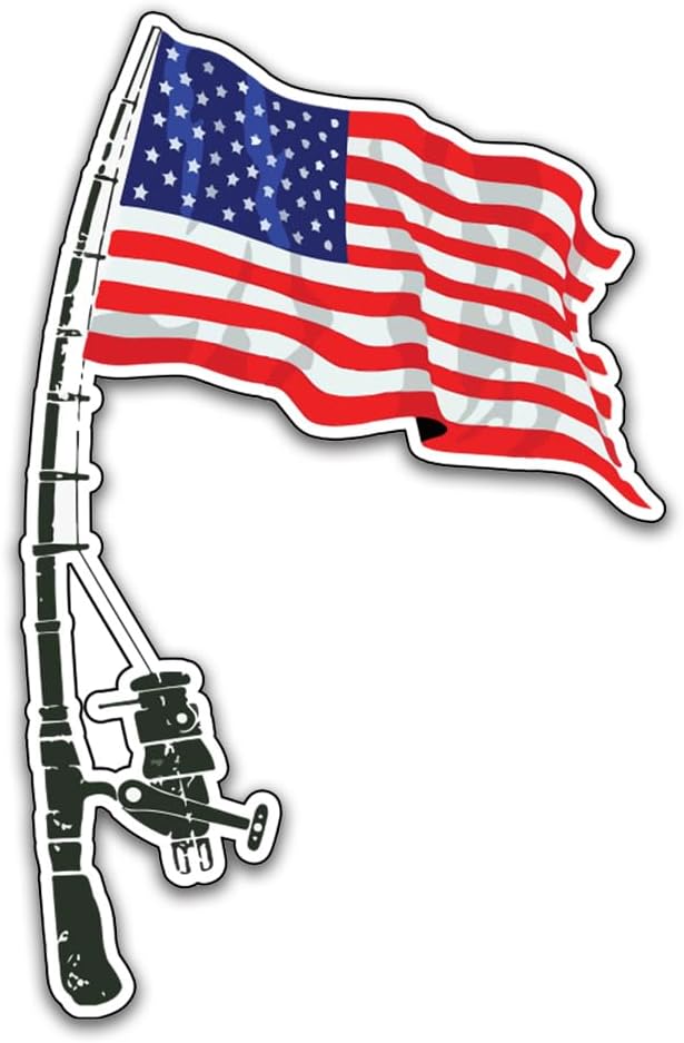 Fishing American Flag Sticker Bumper - Funny Car Auto Laptop Weatherproof Vinyl Decal, Patriotic Fishing Bumper Sticker