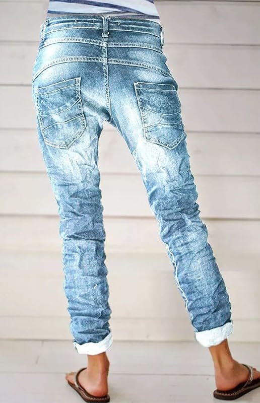 Women’s Trendy Stretchy Low Rise Button Straight Leg Distressed Jeans Stylish Vintage Casual Loose Denim Pants3