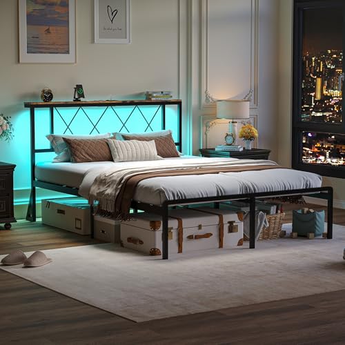IRONCK Bett 140x200 mit LED Beleuchtung, Bettgestell 140x200 mit Steckdose, 1 USB, 1 Typ-C-Anschlüsse, Metallbett mit Kopfteil und Stauraum, Jugendbett, Doppelbett mit Metal Lattenrost
