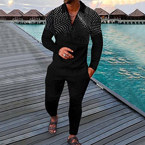 Ensemble 2 pièces décontracté imprimé 3D homme avec col zippé noir