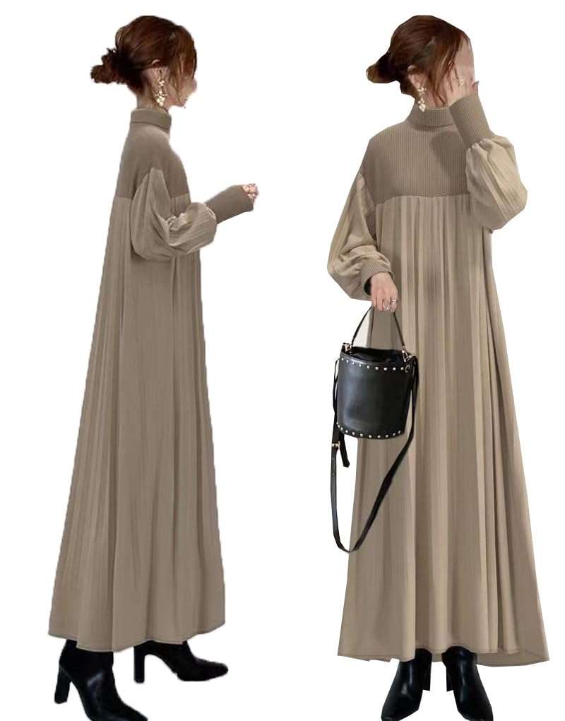 [DYIOPMFGZ] ワンピース 長袖ワンピース レディース プリーツワンピース 切り替え ロングワンピース マキシワンピース フレア バイカラー 着やせ おしゃれ カジュアル 通勤 大人 可愛い 長袖 ゆったり Aライン オシャレ 春夏秋冬