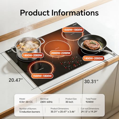 Image of Ranein 30 Inch 5 Burner Induction Cooktop, Max 9200W 240V Durable Panel Built-in Electric Stove Top,with Child Safety Lock, Timer, Over-Temperature Protection