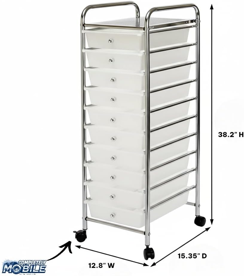 Plastic Storage Organizer Cart with 10 Drawers on Wheels, 15.5"L x 12.8"W x 38"H(Frosted White, 10-Drawer)