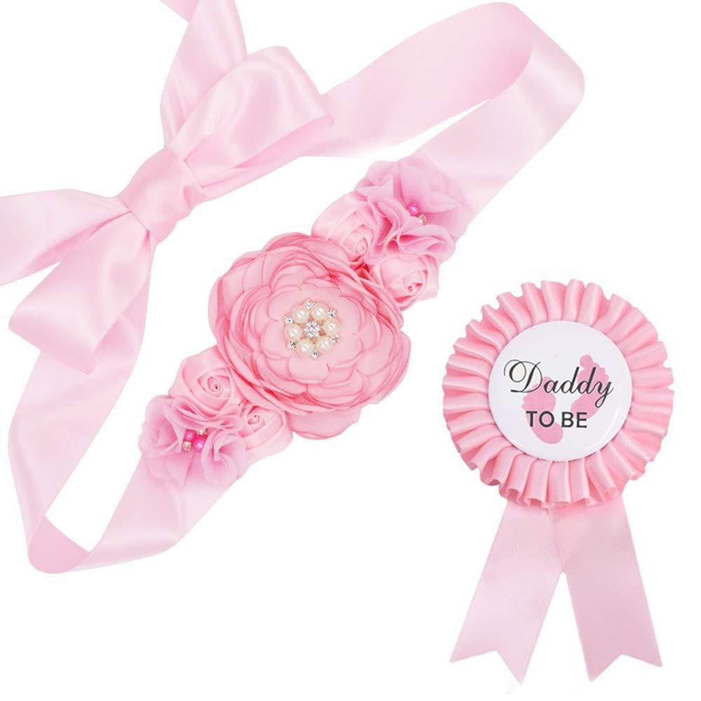 xuzhiyuan Blue Mommy to Be &amp; Daddy to Be Ribbons Flower Belly Belt Set - Ideal for Baby Shower Celebrations-C
