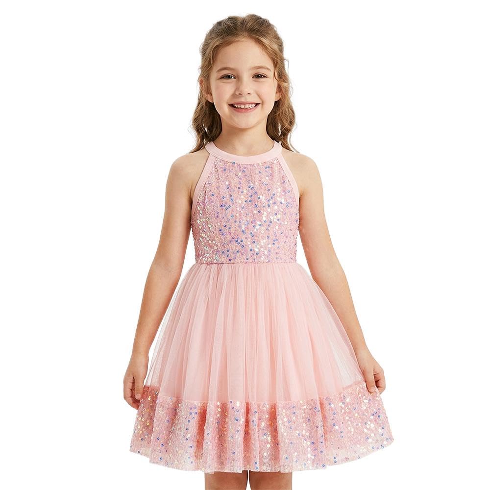 Lito Angels Vestido Niña Lentejuelas sin Mangas con Tul, Vestido Elegante Brillante para Boda Invitada, Actuación Escénica