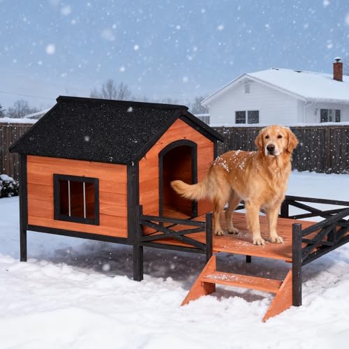 Narkula Large Dog House with Porch/Window/Ladder, Outdoor Dog Shelter Weatherproof, Wooden Pet House...