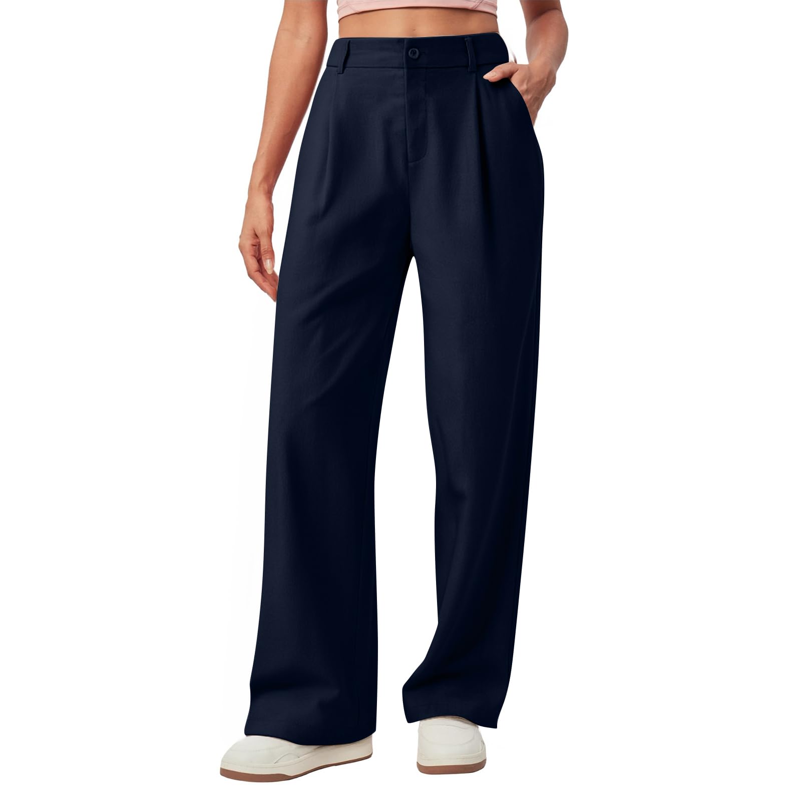 Womens Linen Pants Summer Wide Leg Dress Pants High Waisted Button Down Work Pant Straight Leg Trousers Boho Beach Palazzo Pant Casual Business Slacks with Pockets Womens Spring Outfits A-Navy